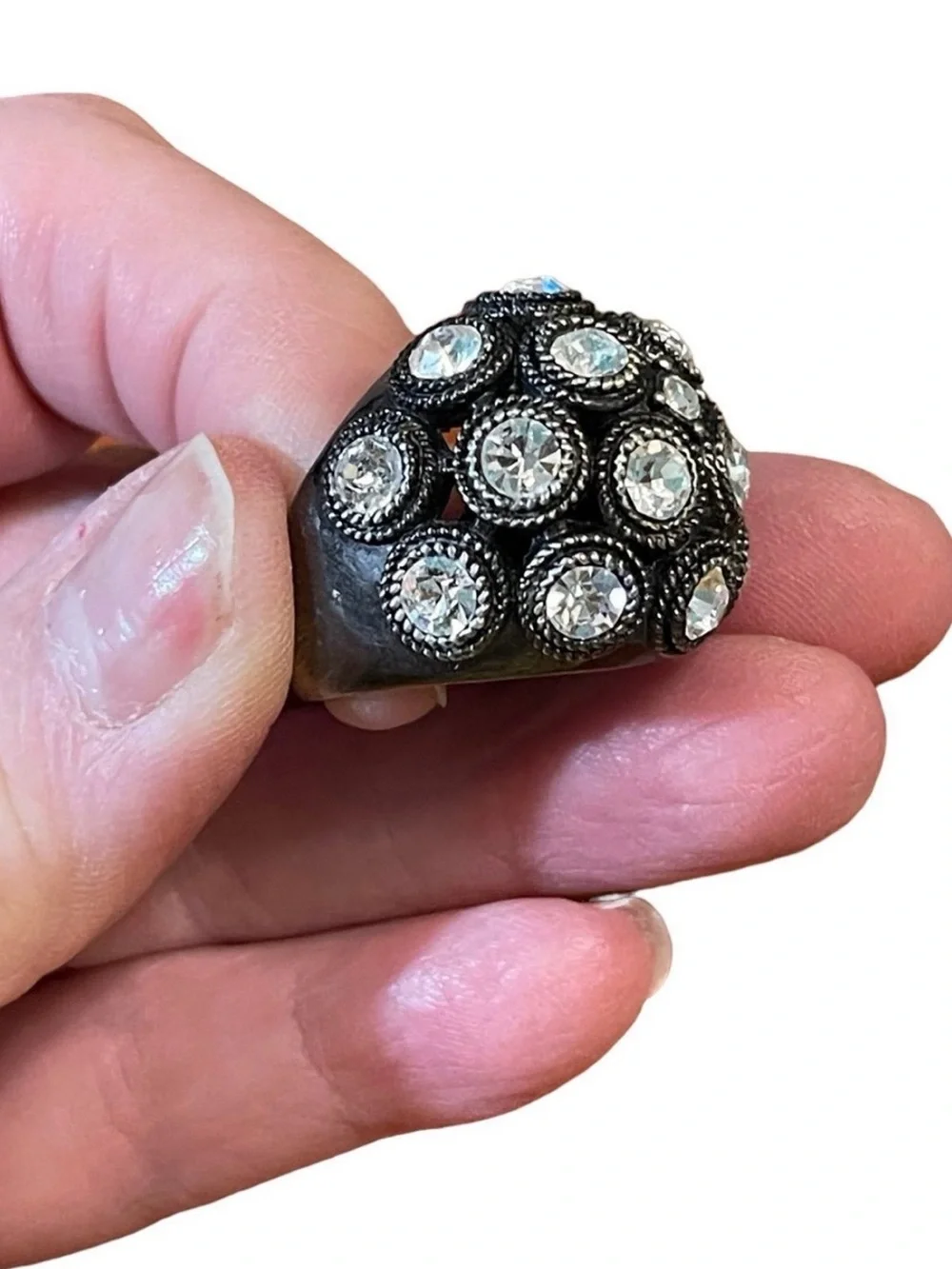 Retro Dome Cocktail Ring - Clear Crystal on Dark Metal-size 7 1/2